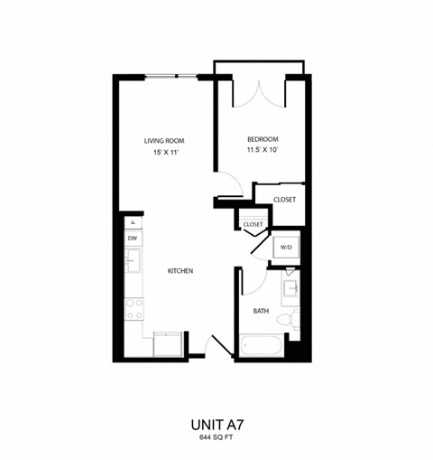 Floor plan for 1 bed, 1 bath, 644 sqft